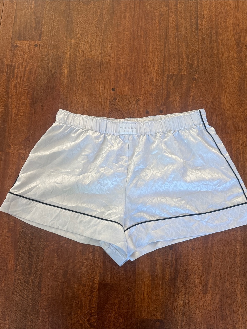 Victoria's Secret Whiteish Gray Satin Lounge Shorts with Black Piping